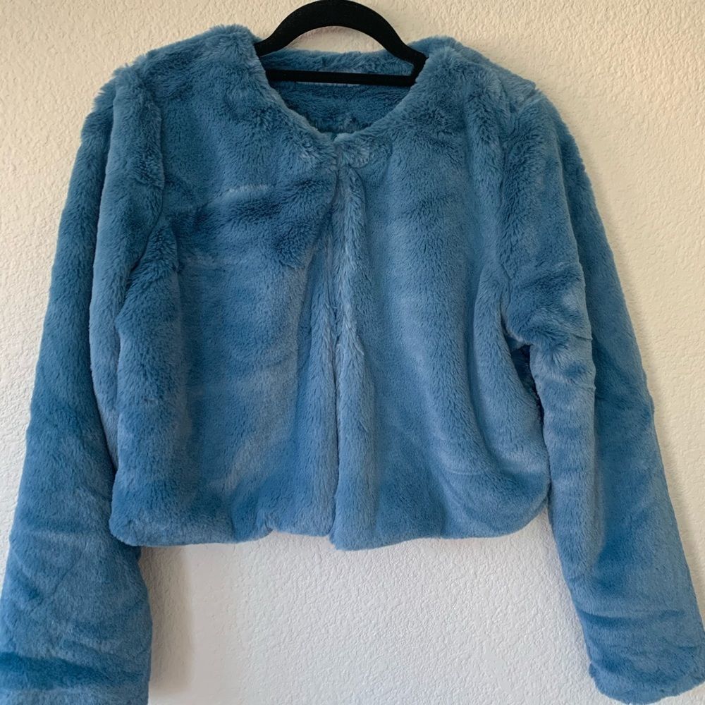 NEW Fuzzy Cropped Fleece Blazer Blue - Picture 5 of 10